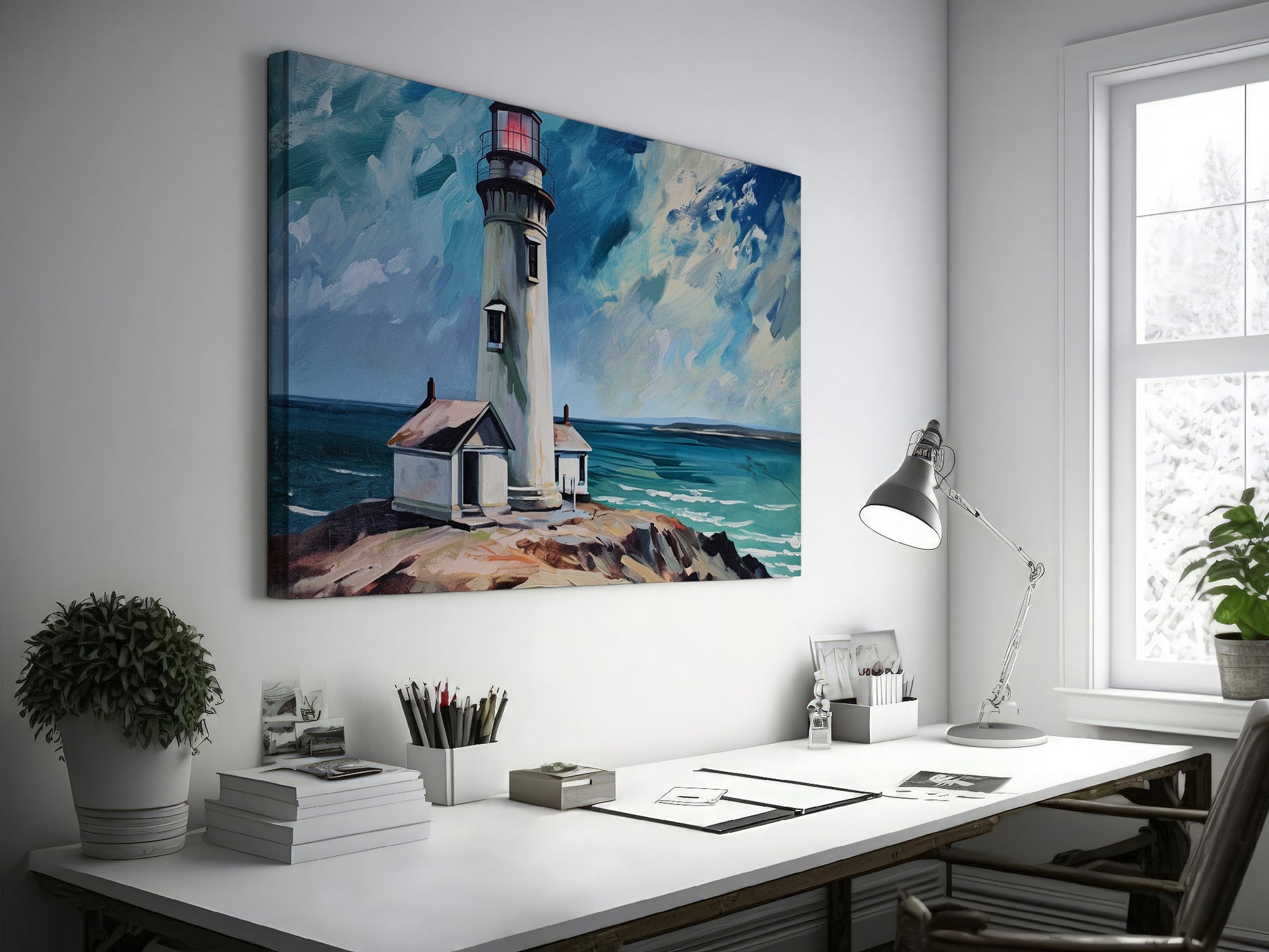 Framed canvas print of lighthouse on coastal rocks with dynamic sea and sky