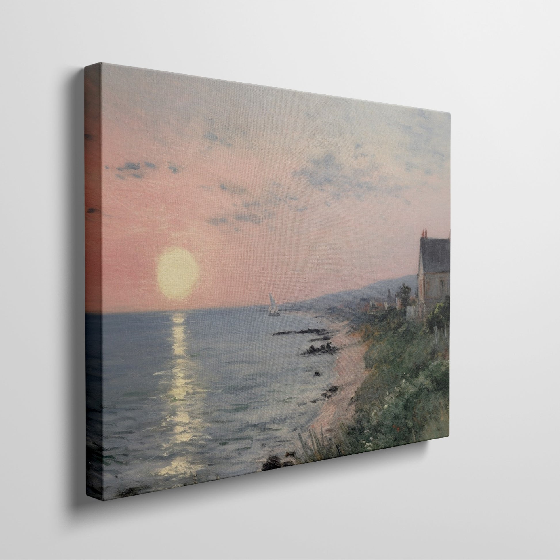 Framed canvas print of an Impressionist seascape with a sunset over the ocean and coastal village