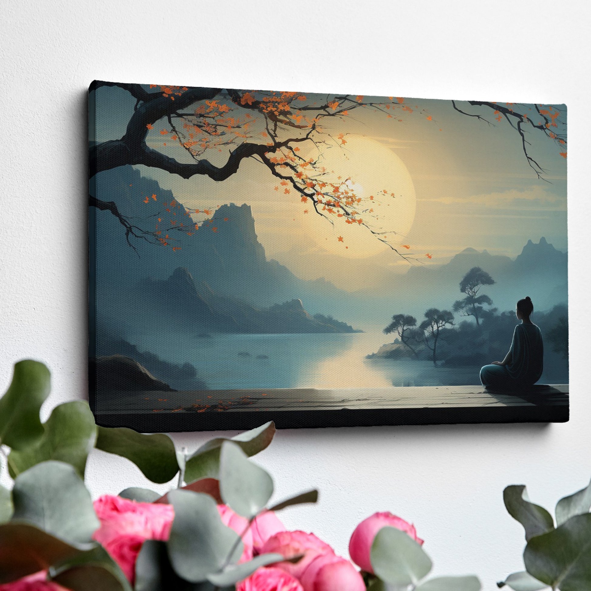 Framed canvas print of a tranquil Zen moment with a silhouette against an Oriental landscape at sunrise