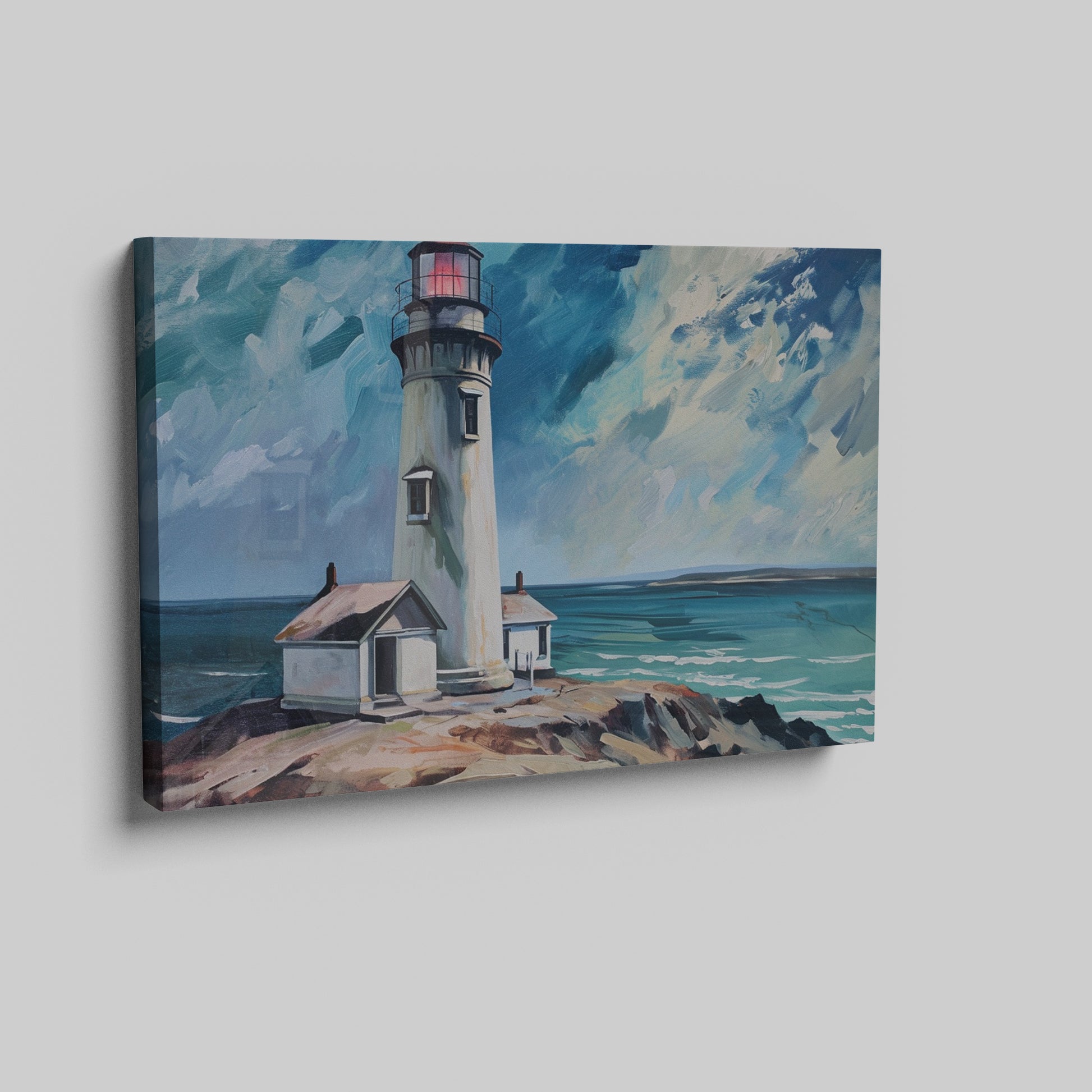 Framed canvas print of lighthouse on coastal rocks with dynamic sea and sky