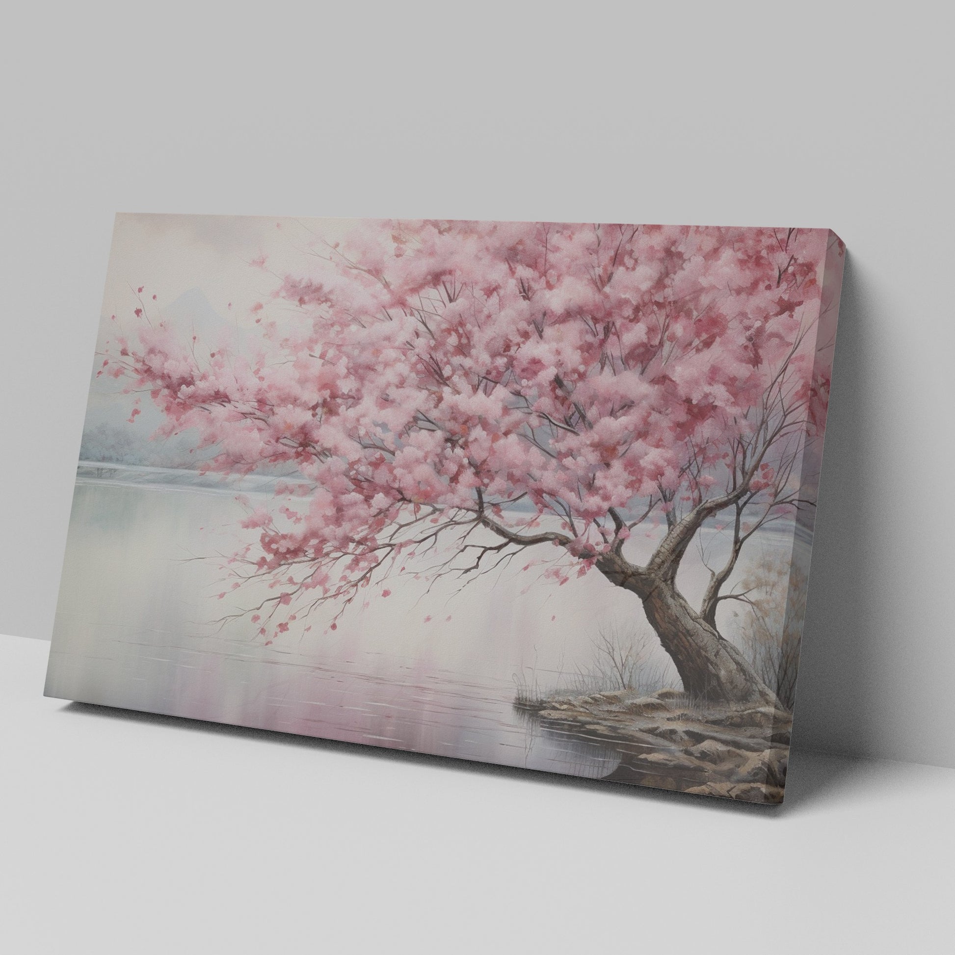 Framed canvas print of a serene cherry blossom tree by a tranquil lake with soft pastels and misty ambience