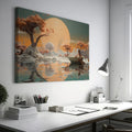 Framed canvas print of a surreal landscape with an ethereal sunset, lady in a boat, and reflective water