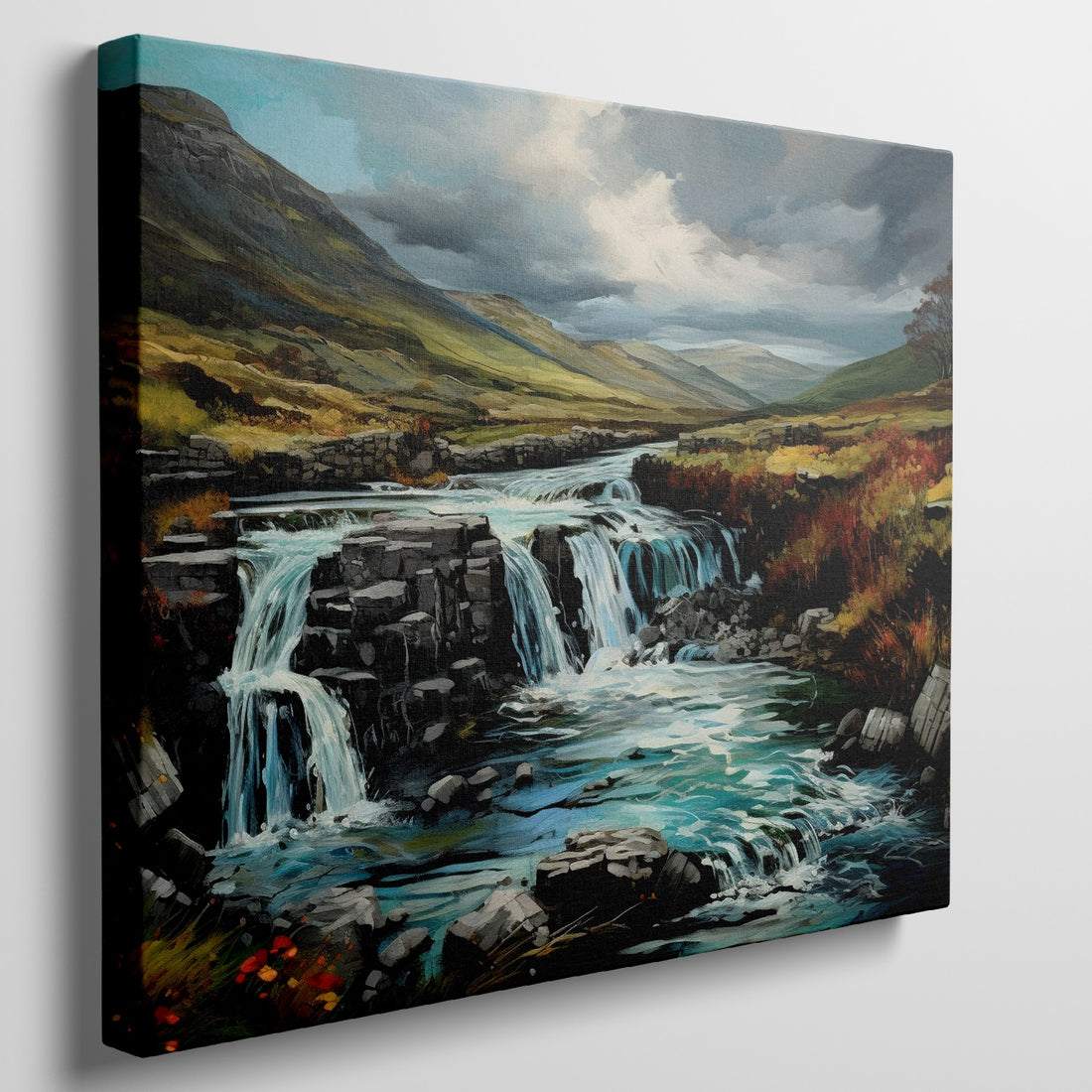 Framed canvas print of an autumnal waterfall landscape with vibrant colours and a dynamic sky