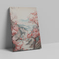 Framed canvas print of oriental landscape with cherry blossoms and birds over tranquil mountains