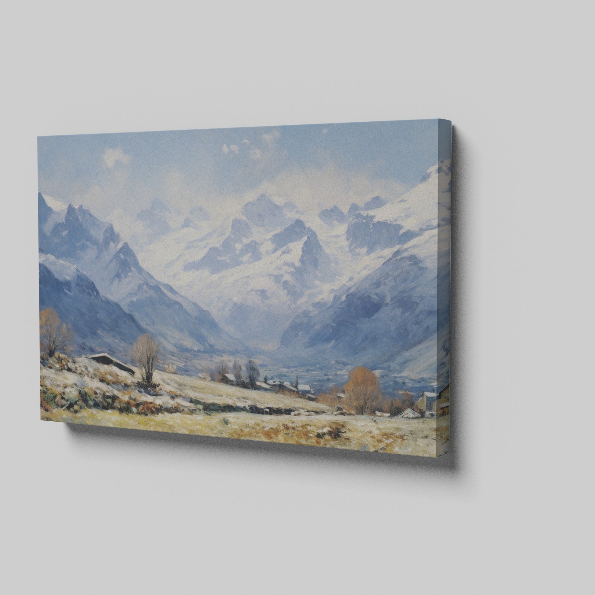 Framed canvas print of an impressionist painting featuring a snowy mountain landscape with an alpine village