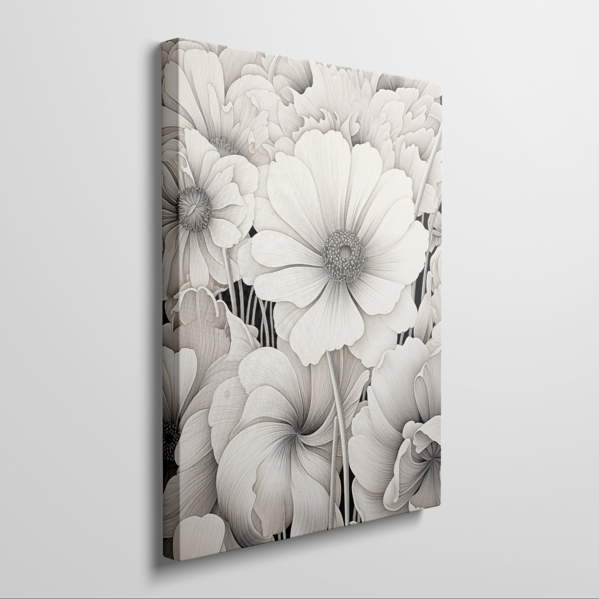 Framed canvas print of monochromatic flowers with intricate designs and neutral tones