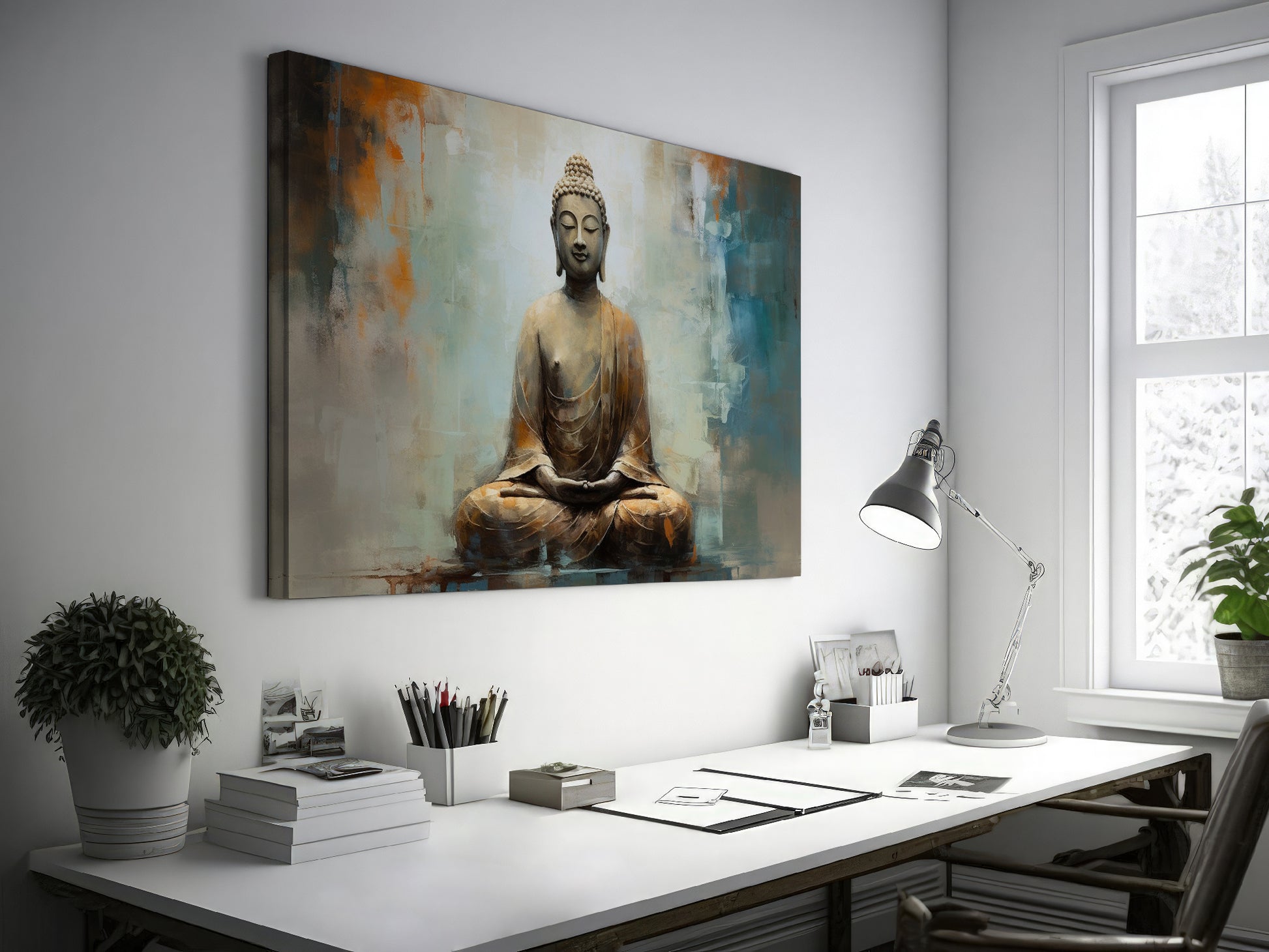 Framed canvas print of a meditative Buddha statue with abstract background in warm and neutral tones