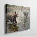 Framed canvas print of grizzly bears wading through water in an impressionist style