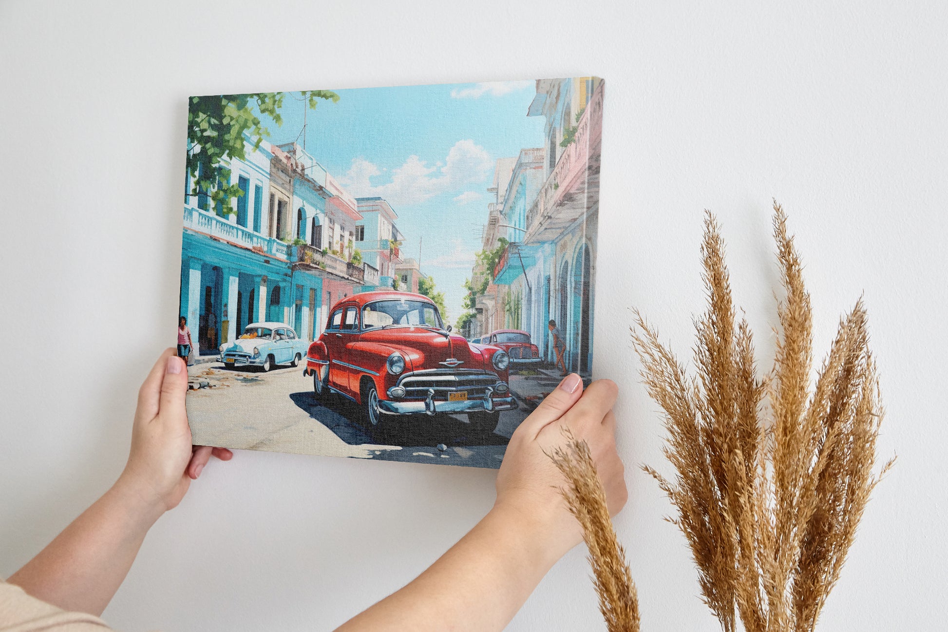 Framed canvas print of a vibrant Cuban street with vintage cars and colourful buildings