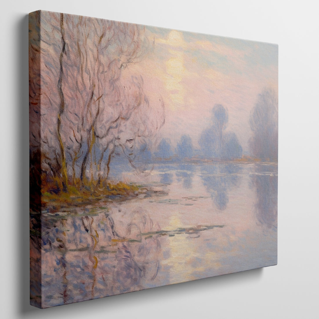 Impressionist painting of a river landscape with trees and sunset reflections