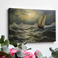 Framed canvas print of a classic maritime seascape with a sailing ship braving tumultuous ocean waves under a cloudy golden sky.