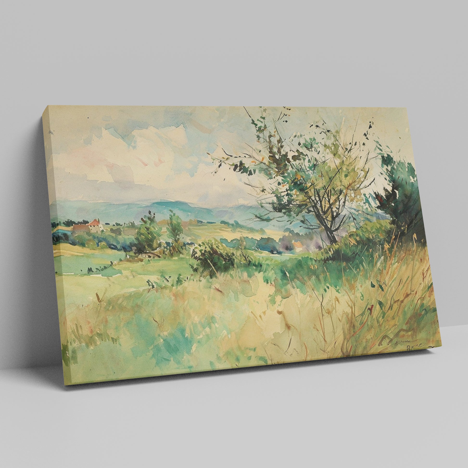 Framed canvas print of a watercolour countryside landscape with vibrant greens and soft skies