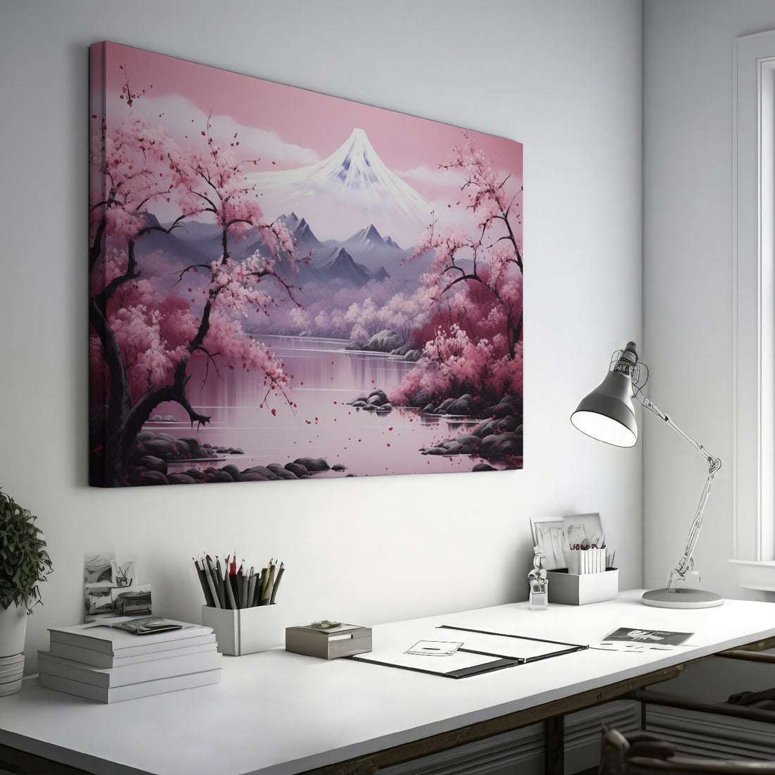 Framed canvas print of a serene pink cherry blossom scene with Mount Fuji in the background