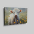 Framed canvas print of a serene cow surrounded by a vibrant wildflower meadow