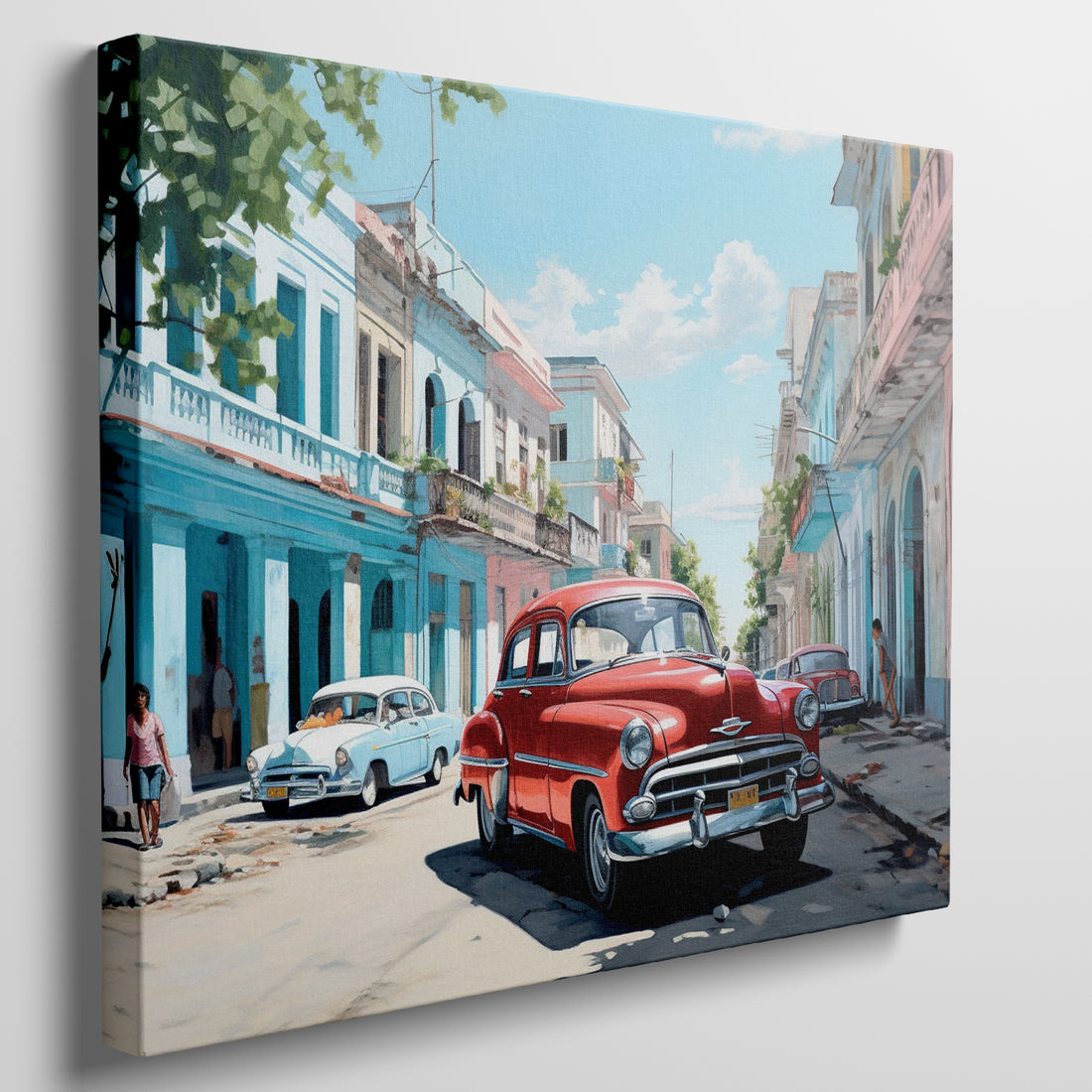 Framed canvas print of a vibrant Cuban street with vintage cars and colourful buildings