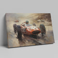 Framed canvas print of a classic Formula One race with vibrant orange racecar in dynamic motion