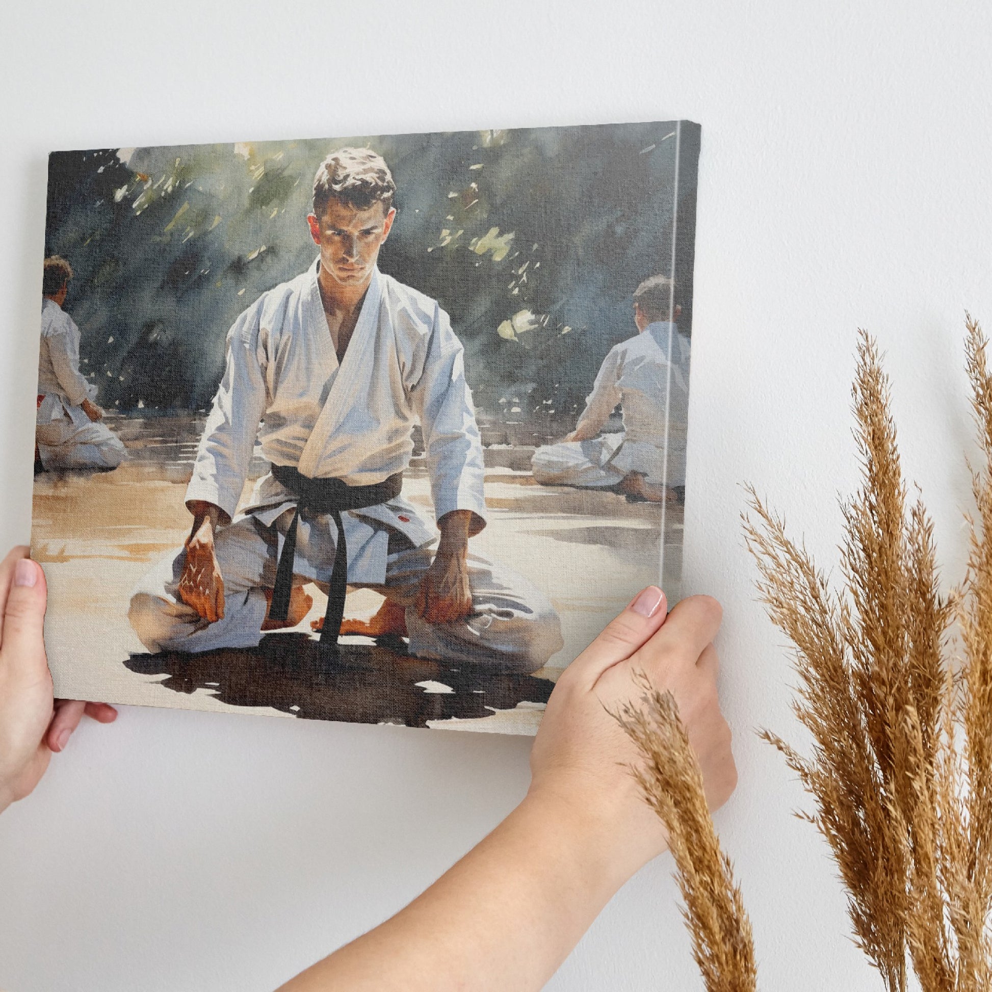 Framed canvas print of martial artists in meditation at a dojo