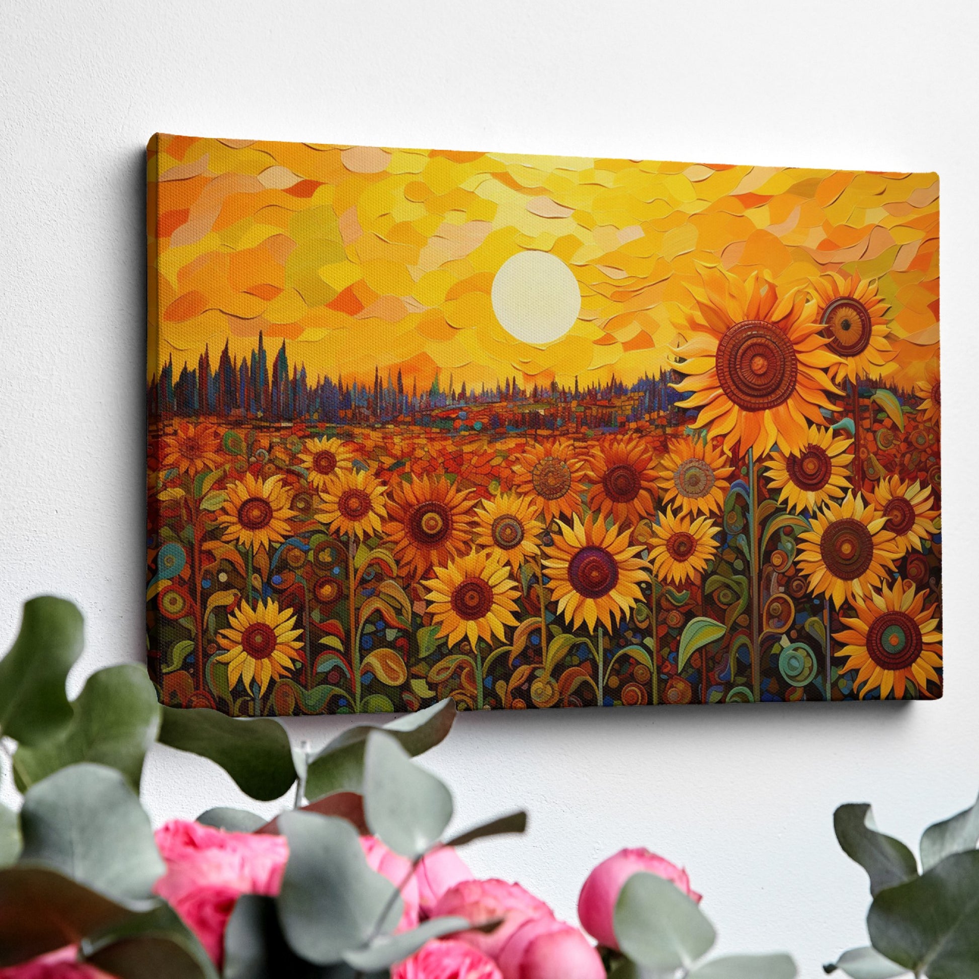 Framed canvas print of sunflowers beneath a golden sunset in an illustrative style