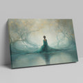 Framed canvas print of an ethereal woman amid a teal and gold enchanted forest