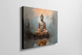 Framed canvas print of serene Buddha statue with abstract warm hues and reflective water