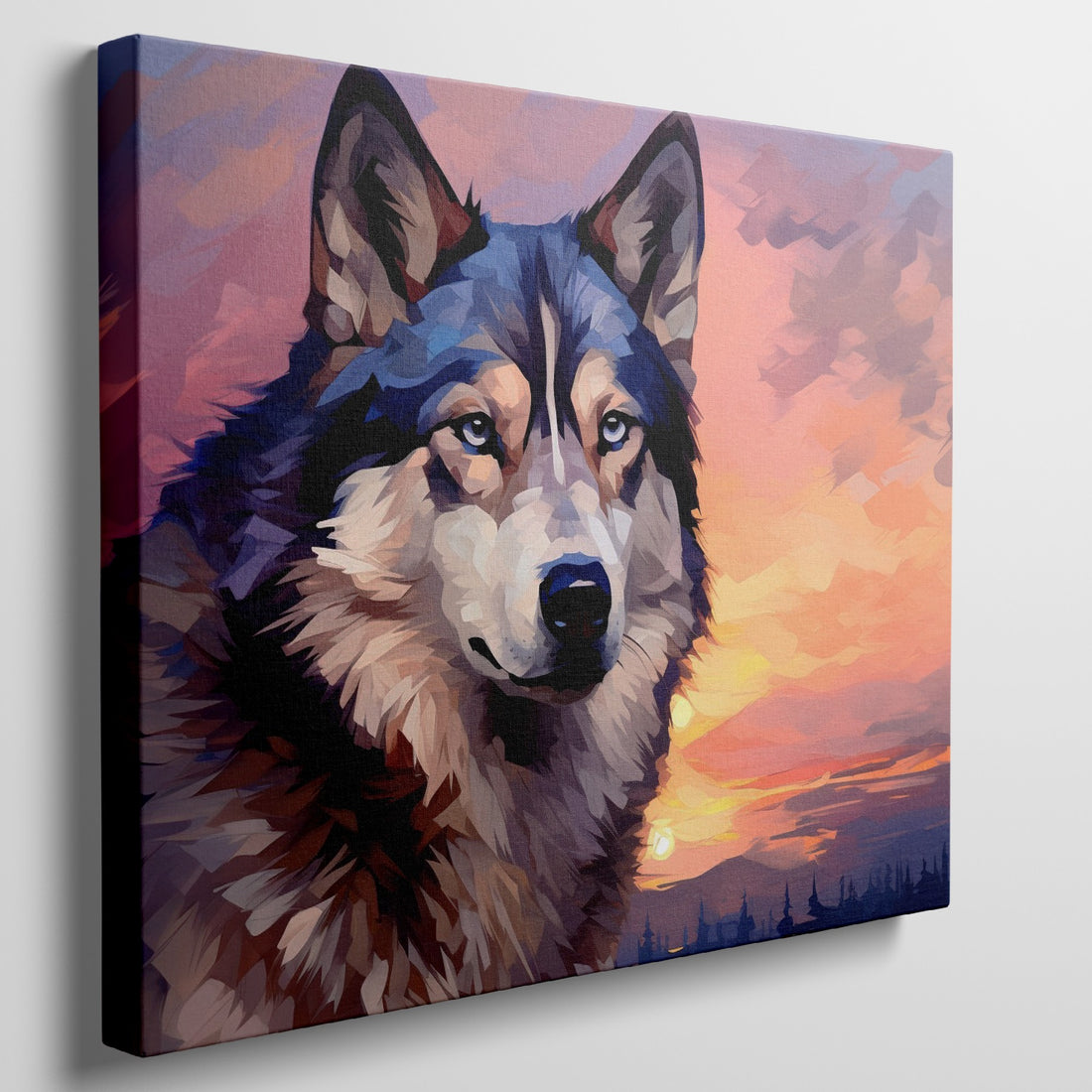 Framed canvas print of a stylized geometric husky against a colourful sunset