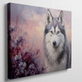 Framed canvas print of a stylised wolf portrait with a pastel floral background and sunset colours