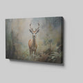 Framed canvas print of a majestic stag in a misty forest setting