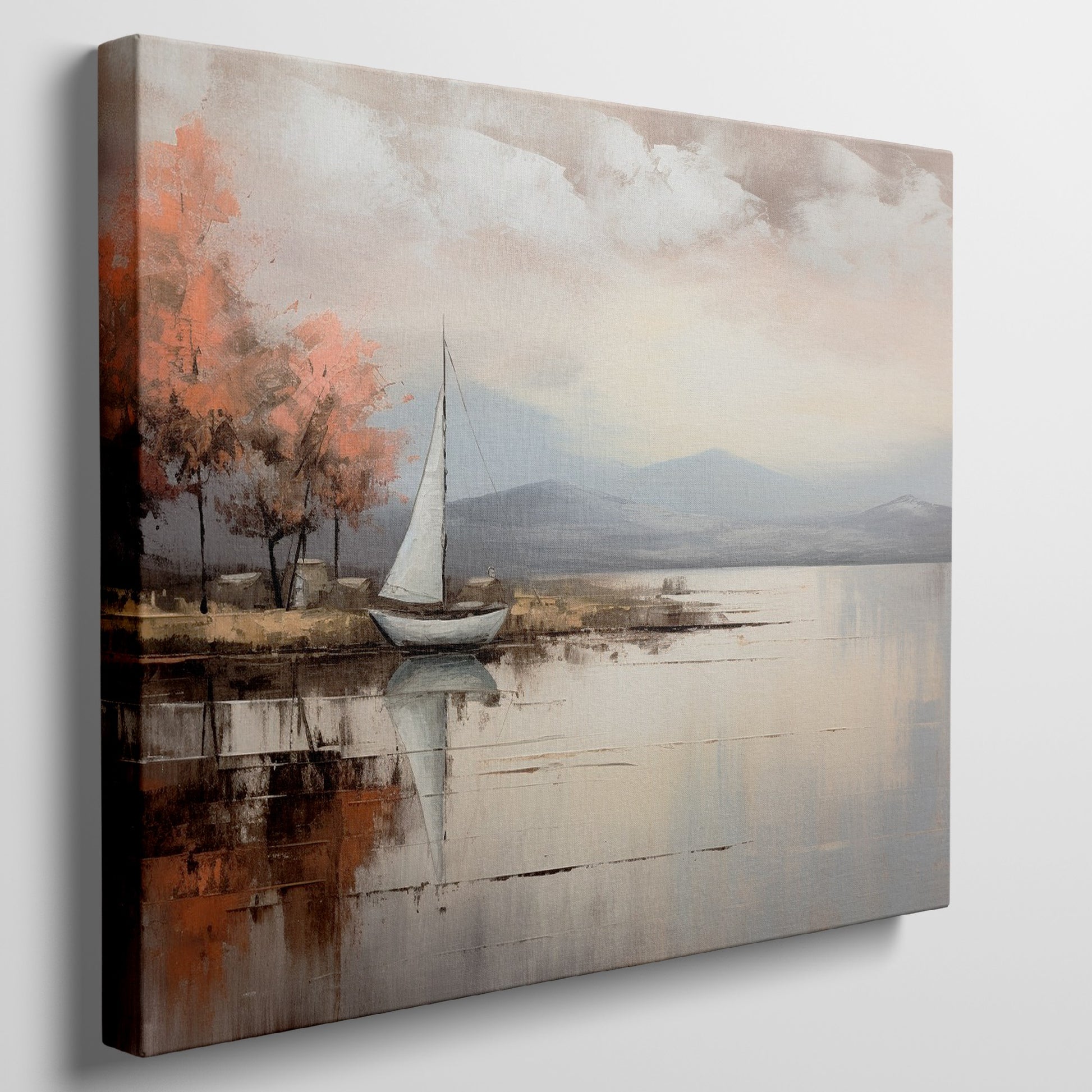 Framed canvas print of an impressionist painting with a sailing boat and autumn trees by a lake