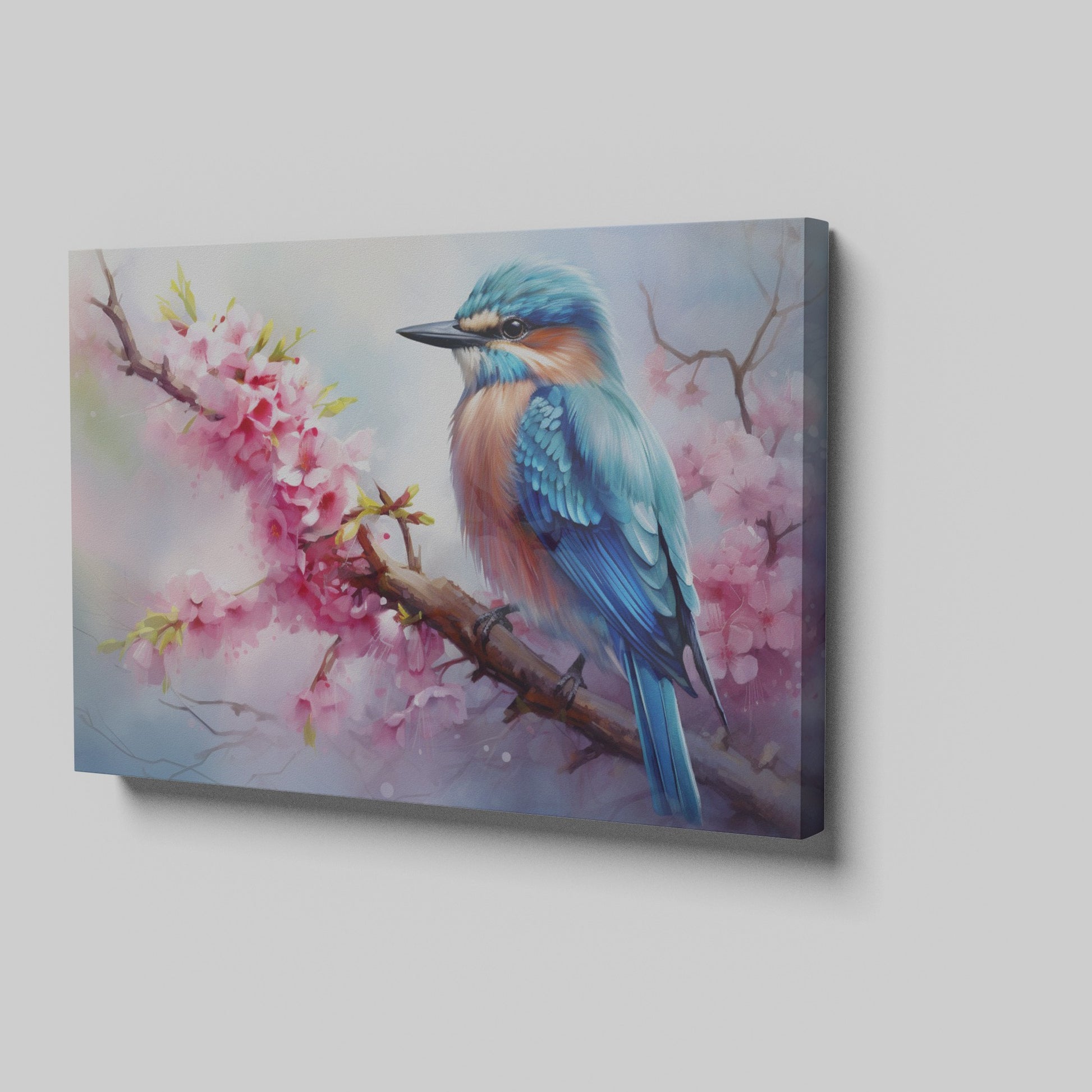 Framed canvas print of a vibrant kingfisher on a flowering cherry blossom branch