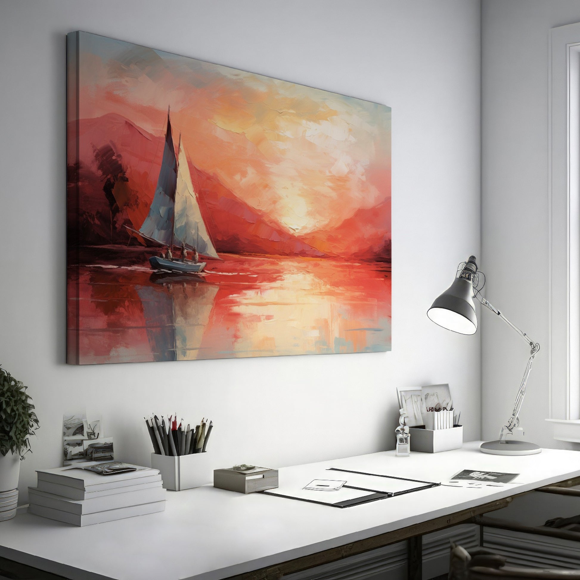 Framed canvas print of sailboats at sunset with orange and blue tones