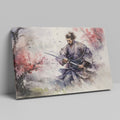 Framed canvas print of a samurai warrior in watercolour, with dynamic ink splatters in vivid hues.