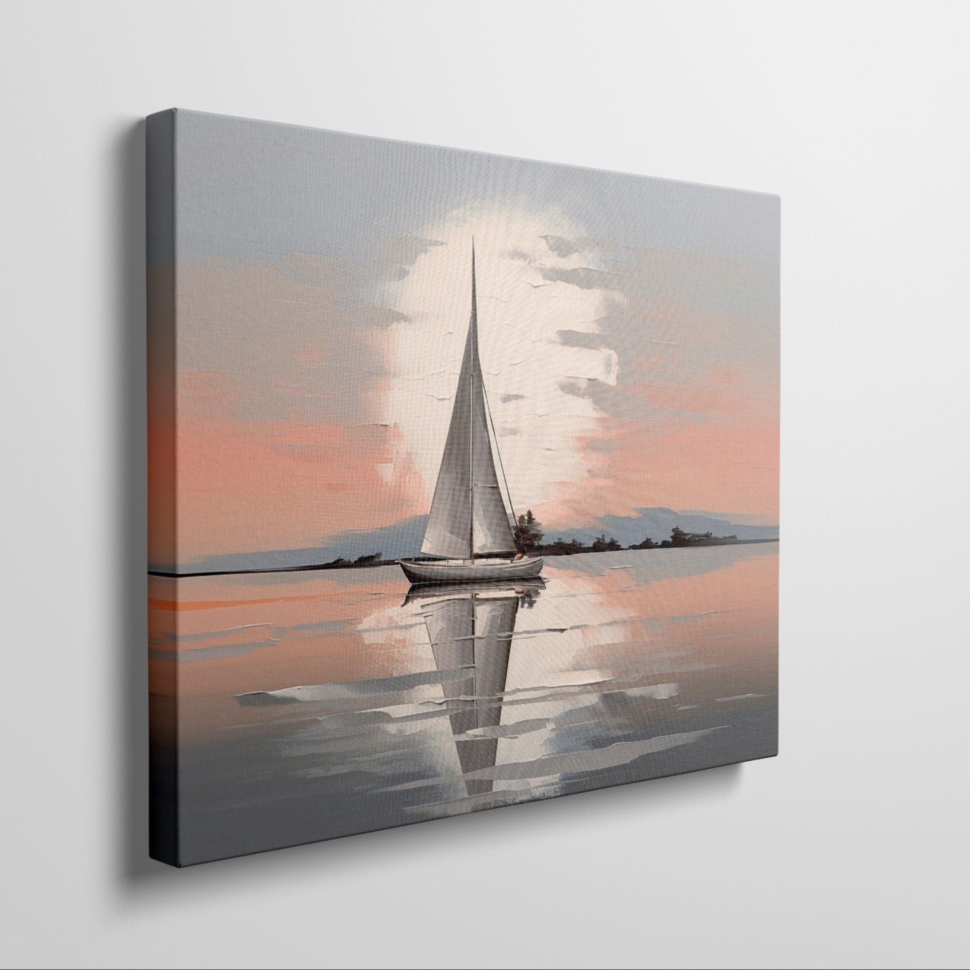 Framed canvas print of a sailboat at sunset with reflections on tranquil waters