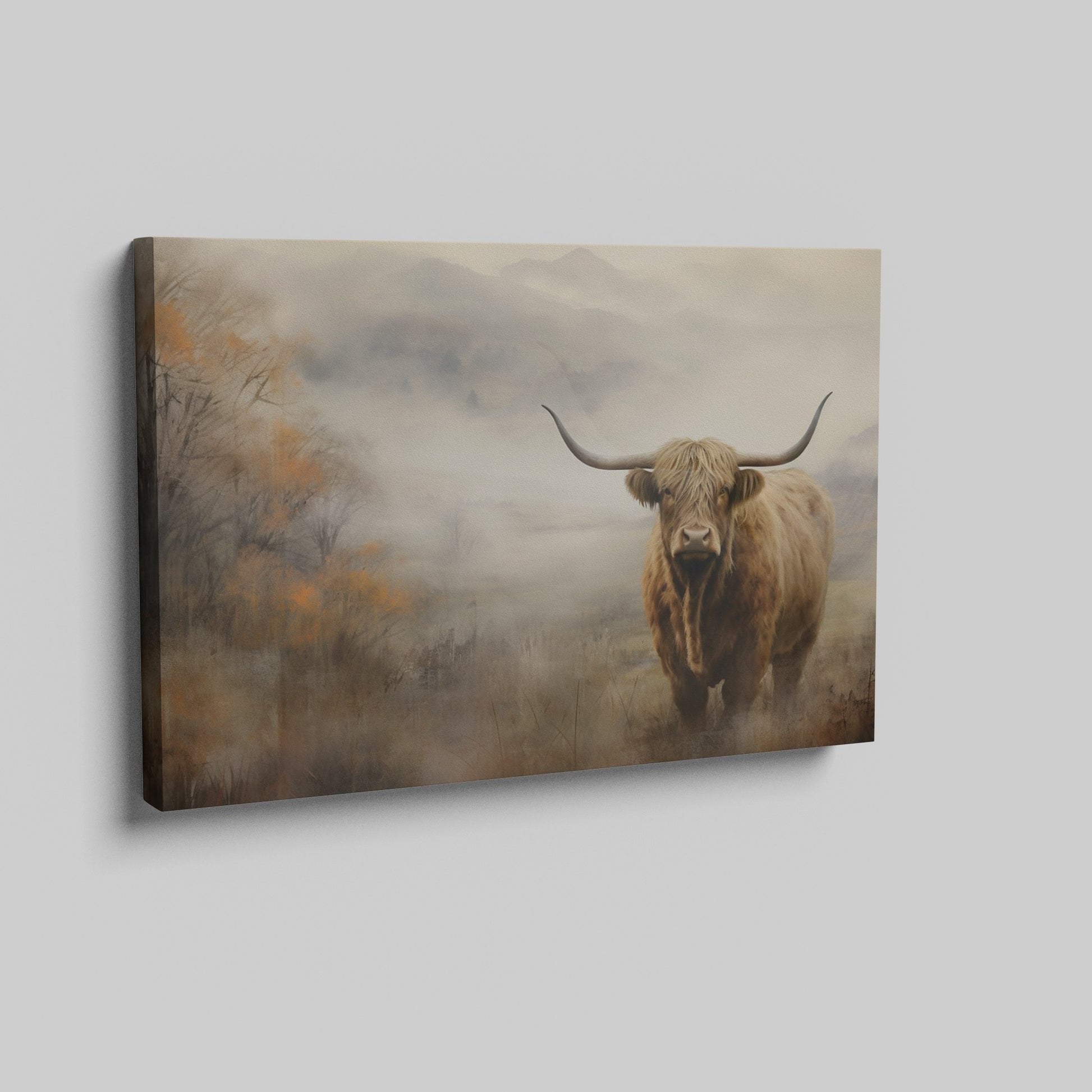 Framed canvas print of a Highland cow in a misty autumnal landscape with warm earthy tones