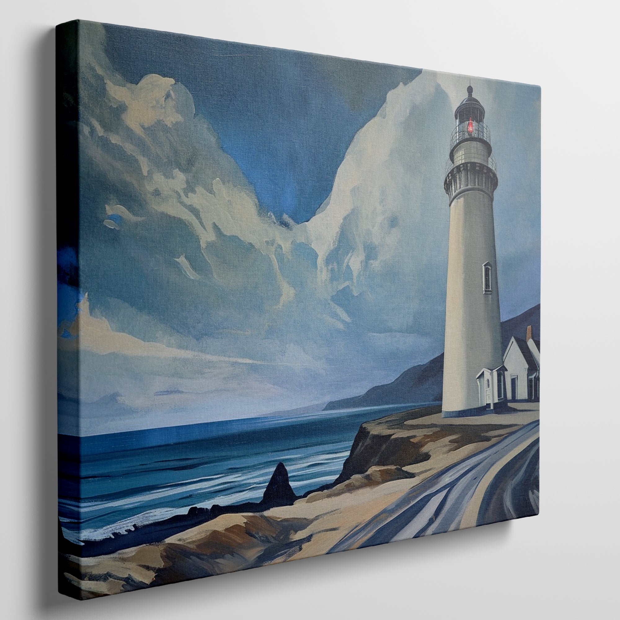 Framed canvas print of a coastal lighthouse with vibrant blue skies and ocean