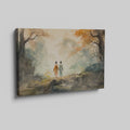 Watercolor painting of a couple walking in an autumnal Oriental landscape with misty background and vibrant foliage