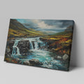 Framed canvas print of an autumnal waterfall landscape with vibrant colours and a dynamic sky