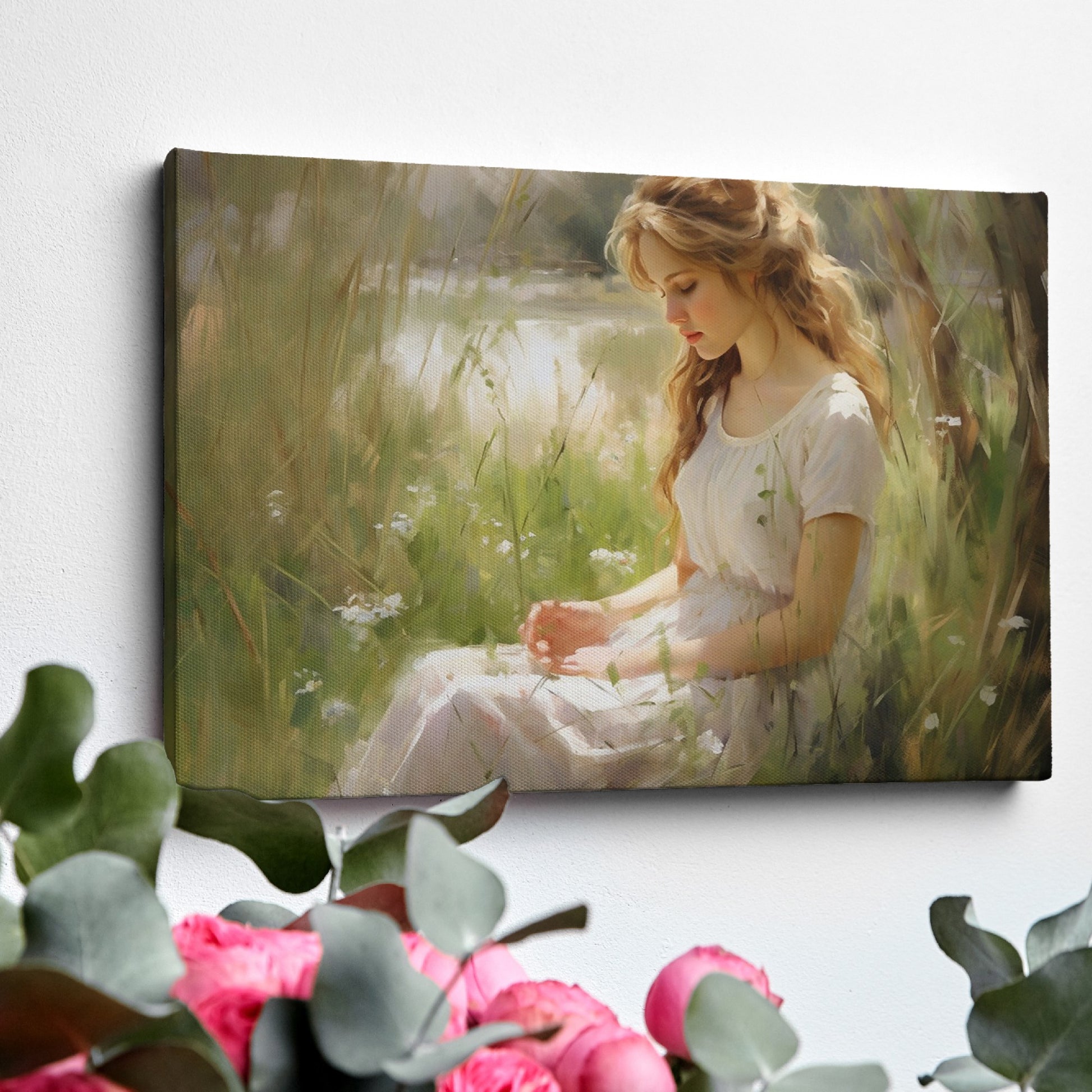 Framed canvas print of an elegant woman in a serene, sunlit meadow