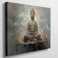 Framed canvas print of serene Buddha in meditation with abstract blue and orange background