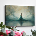 Framed canvas print of an ethereal woman amid a teal and gold enchanted forest