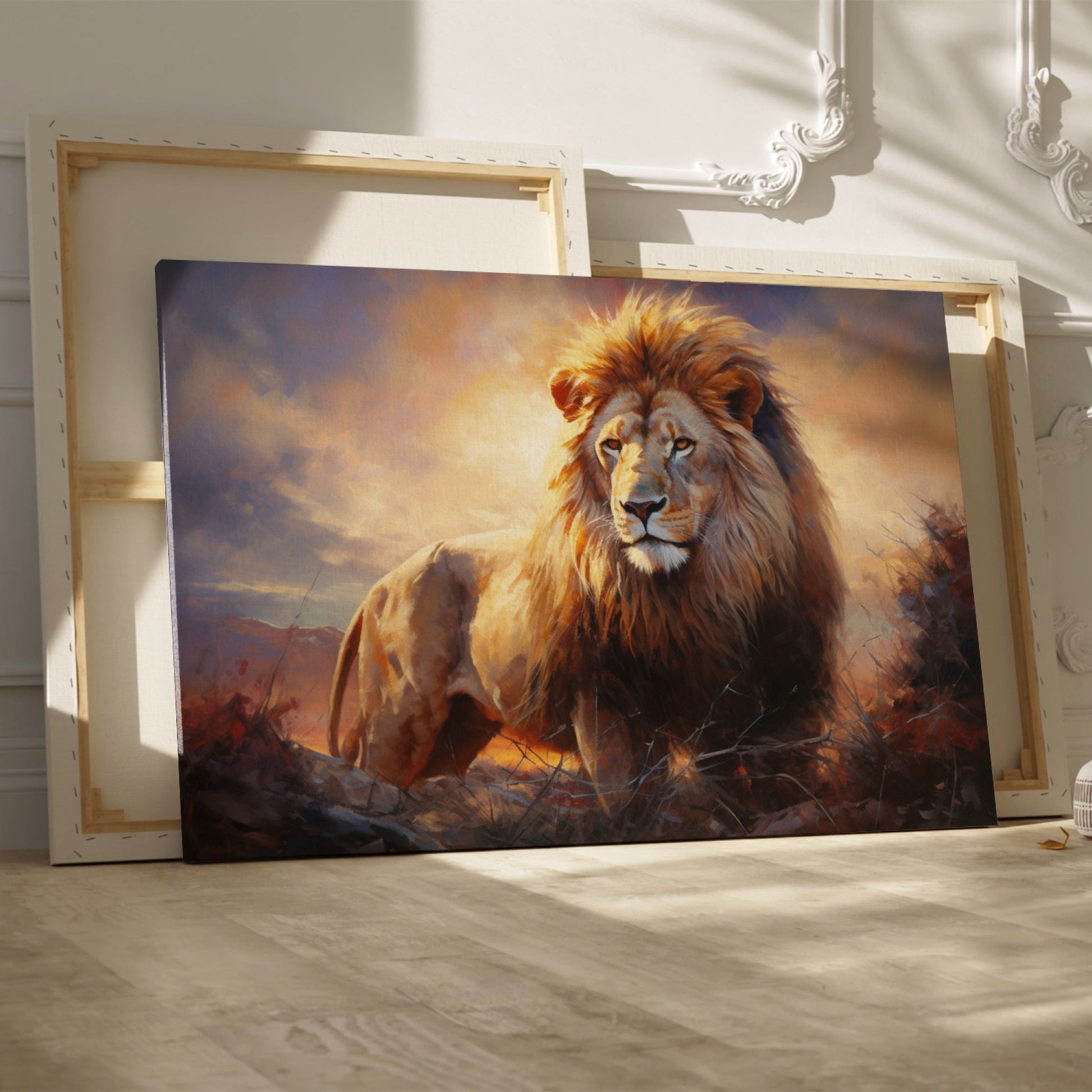 Framed canvas print of a majestic lion against a fiery sunset background