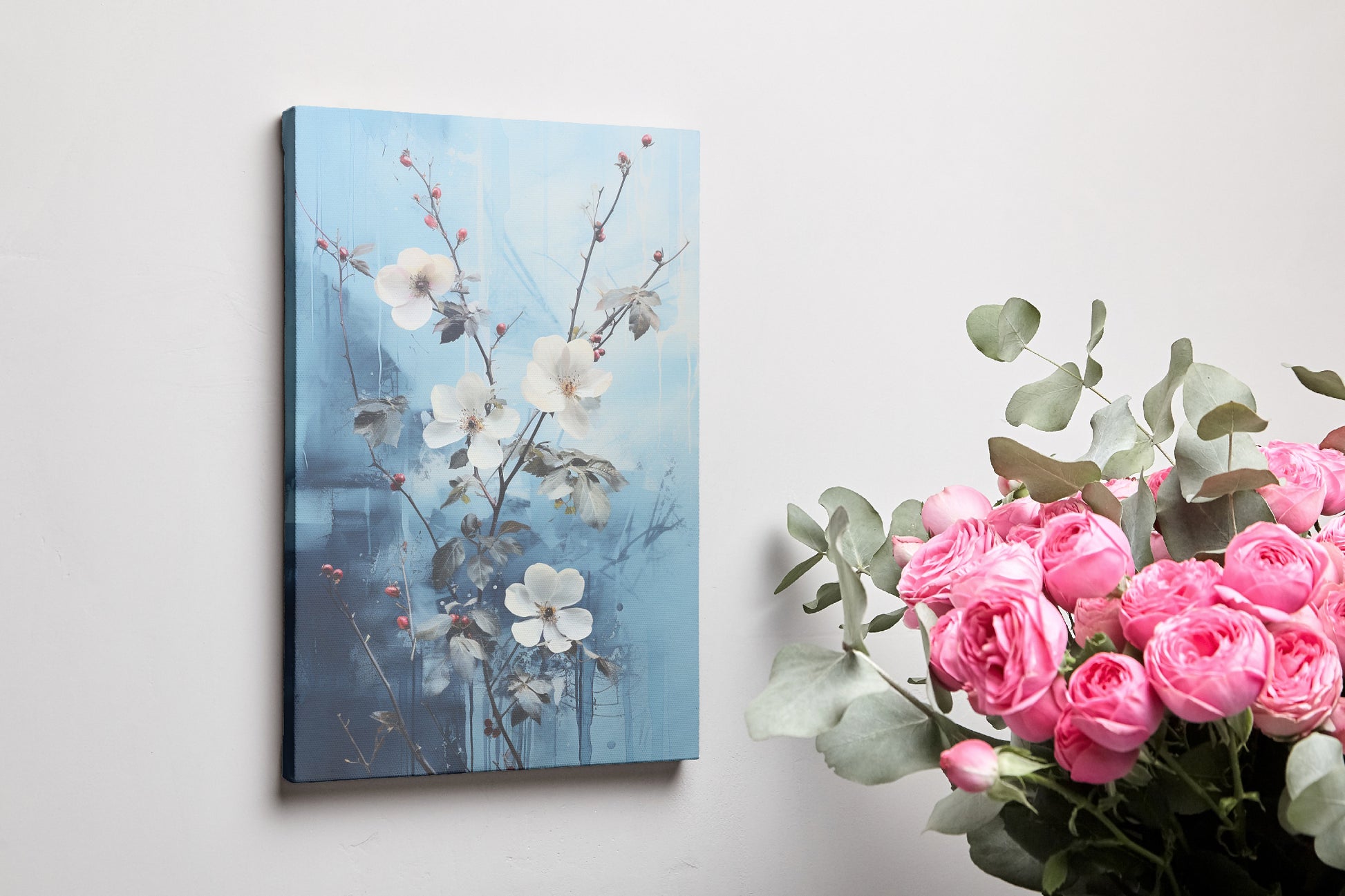 Framed canvas print of elegant flowers and berries against a blue abstract background