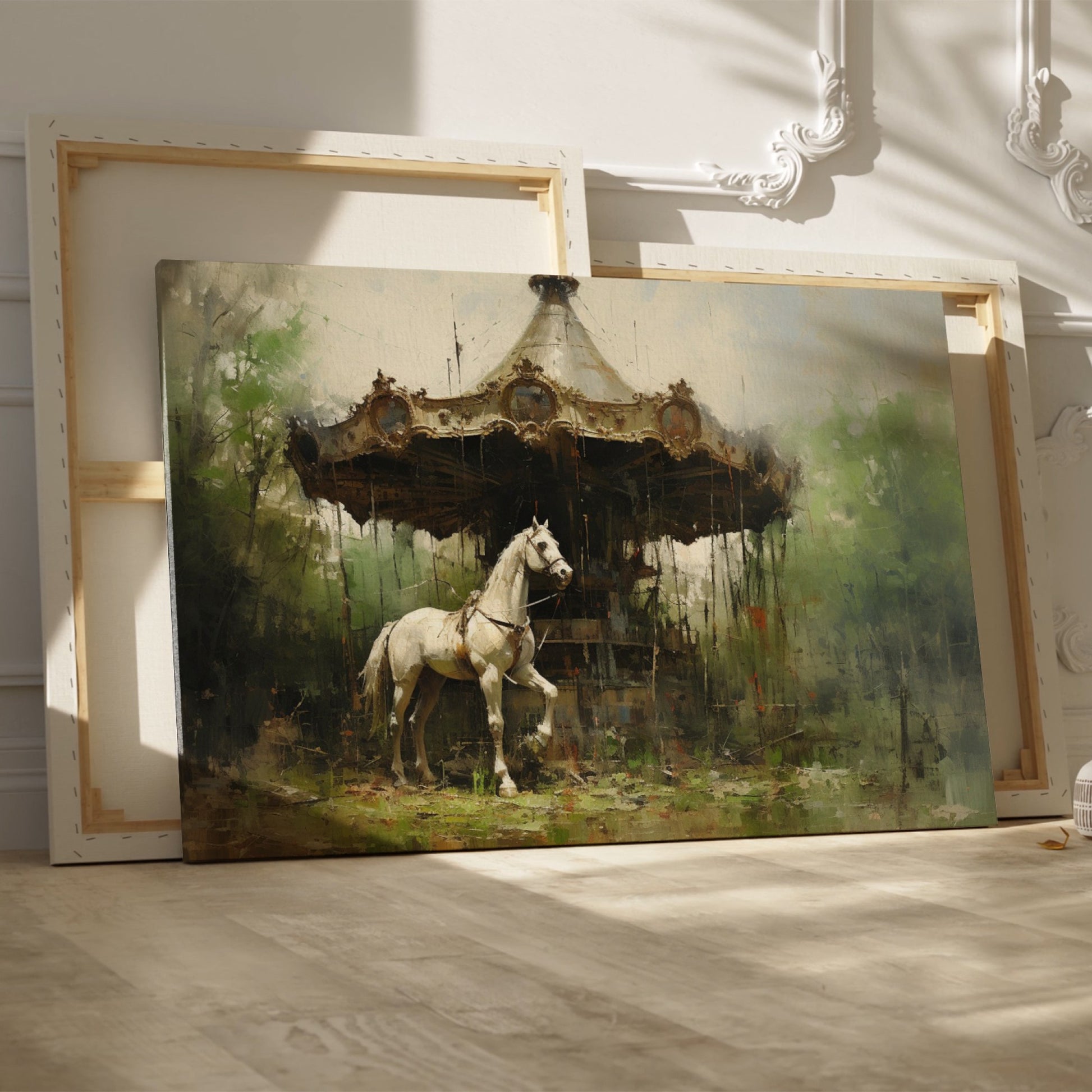 Framed canvas print of a nostalgic vintage carousel horse infront of a forgotten carousel