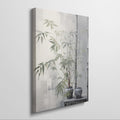 Realistic canvas art of green bamboo leaves and ceramic pots against grey background