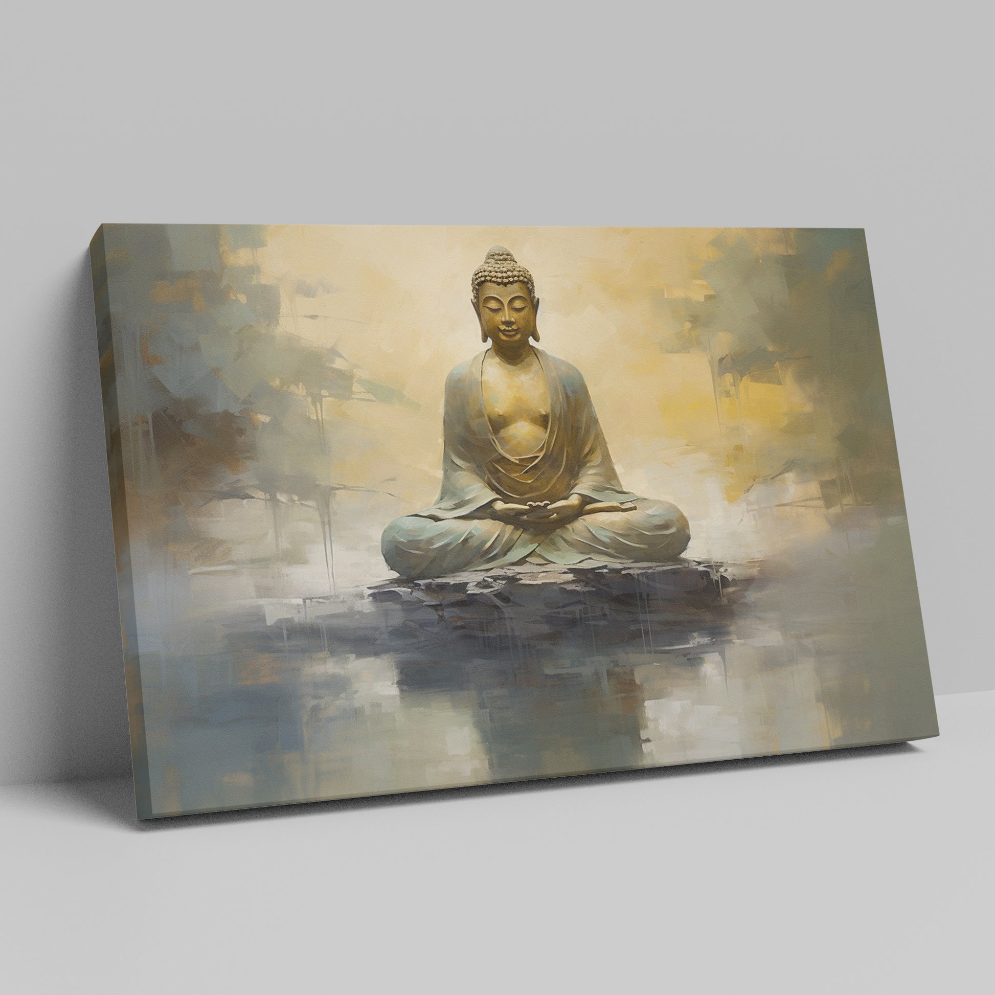 Framed canvas print of a serene Buddha in meditation with abstract golden backgrounds