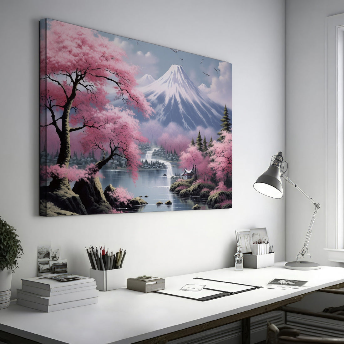 Framed canvas print of a serene Japanese landscape with pink cherry blossoms and Mount Fuji