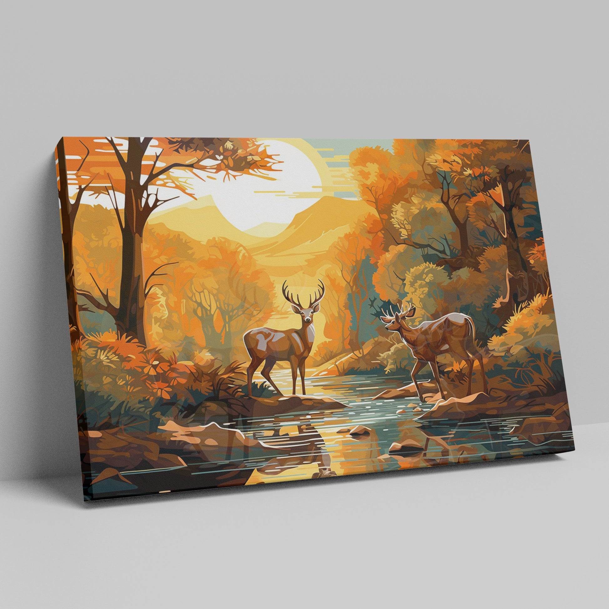 Digital painting of two stags by a river in an autumn forest with a sunset in the background