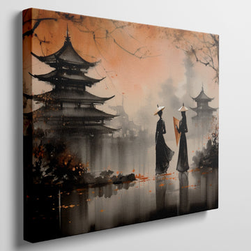 Framed canvas print of Oriental landscape with autumn pagodas and figures in traditional attire