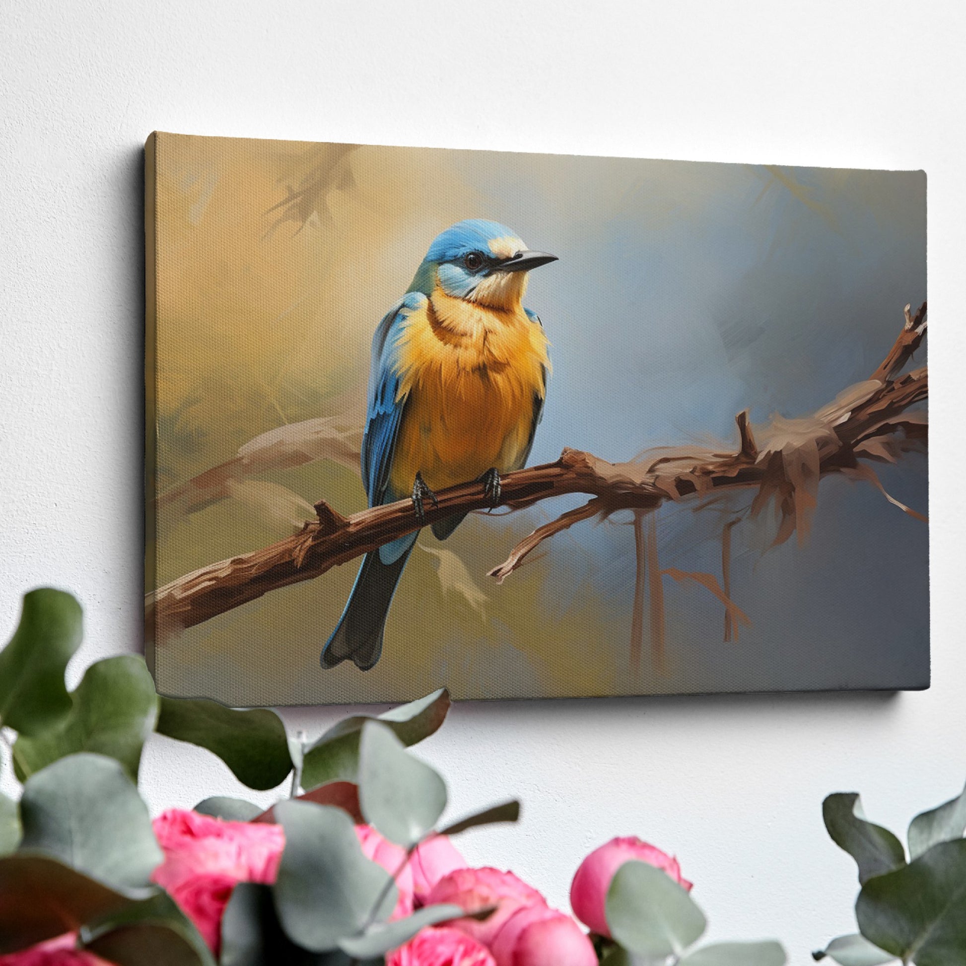 Framed canvas print of a realistic bluebird perched on a branch with vibrant blue and yellow colours