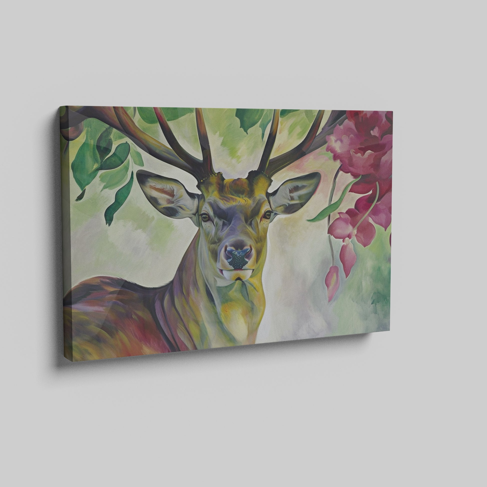 Framed canvas print of a vibrant stag with colourful floral surroundings