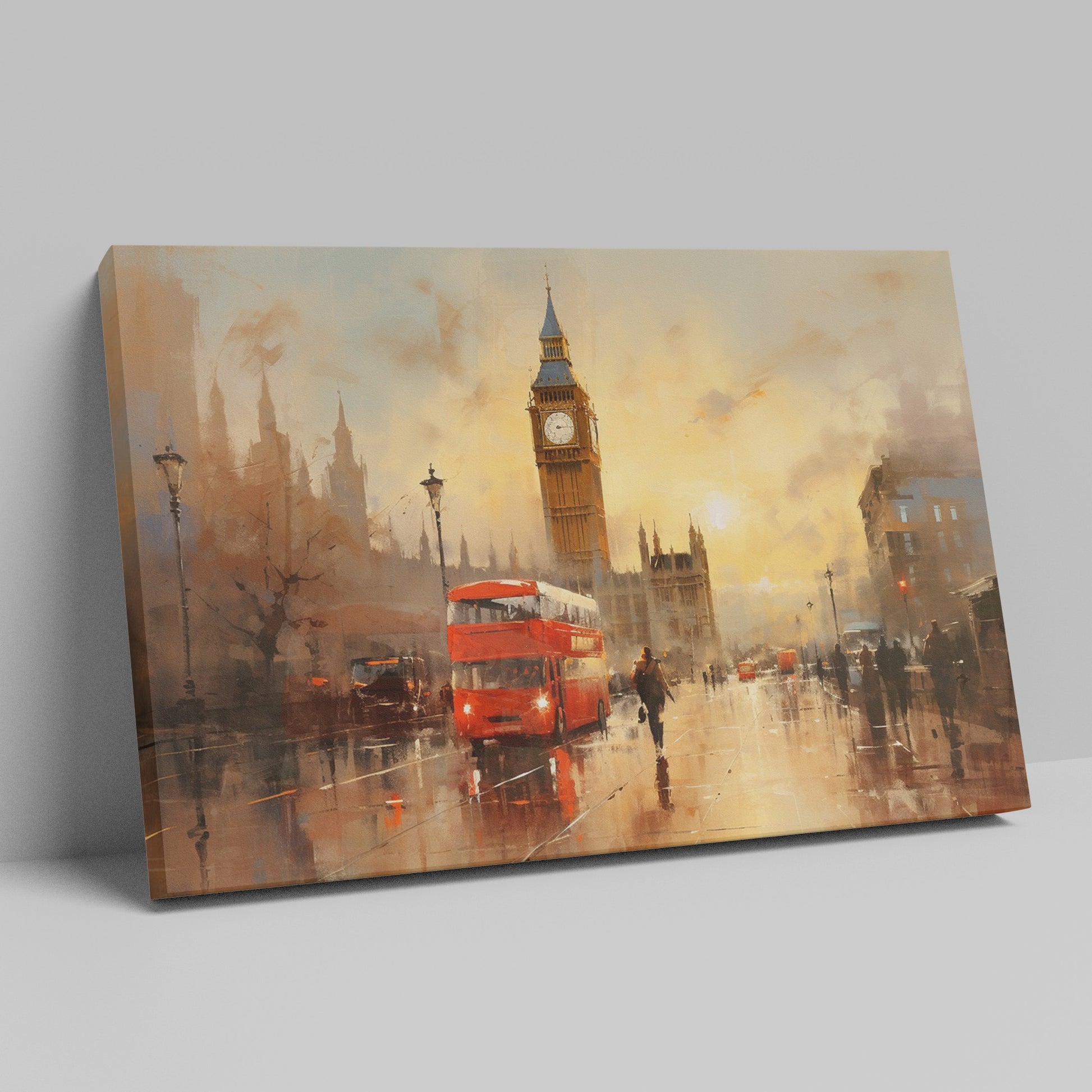 Framed canvas print of an impressionistic London cityscape featuring Big Ben and a red double-decker bus at sunset